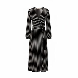 LOFT Black White Striped Wrap Dress Women’s Size L Long Sleeve V-Neck Midi